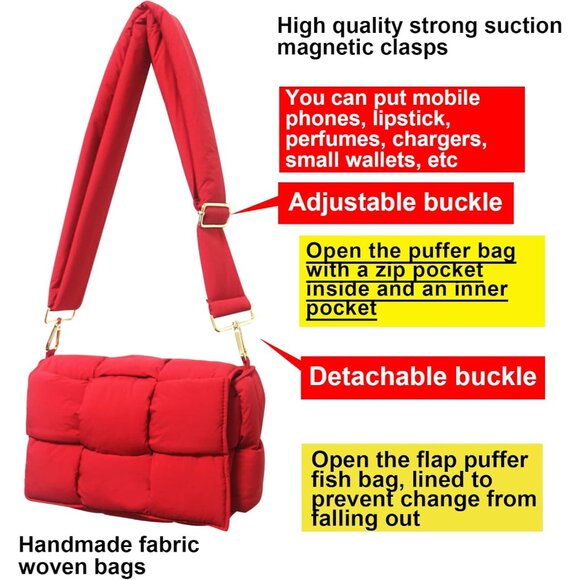 Women’s Small Puffer Crossbody Bag Waterproof Nylon Adjustable Strap - Picture 3 of 6